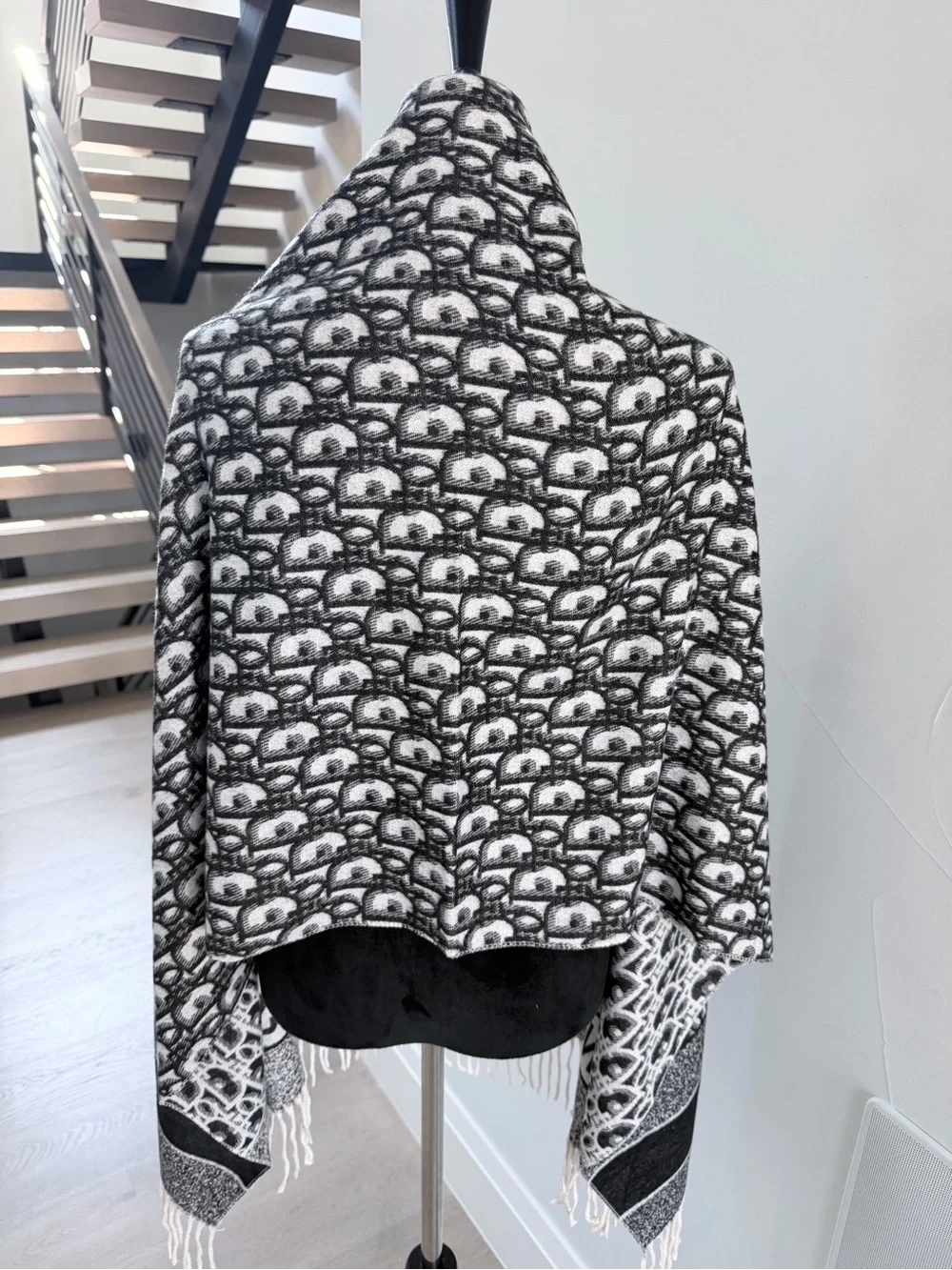Dior Gray & White Logo Fringe Shawl